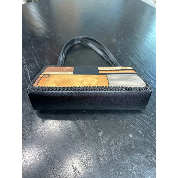 Y2K 90s- Patchwork- neutrals- mini top handle clutch bag- black trim some wear - Picture 2 of 6